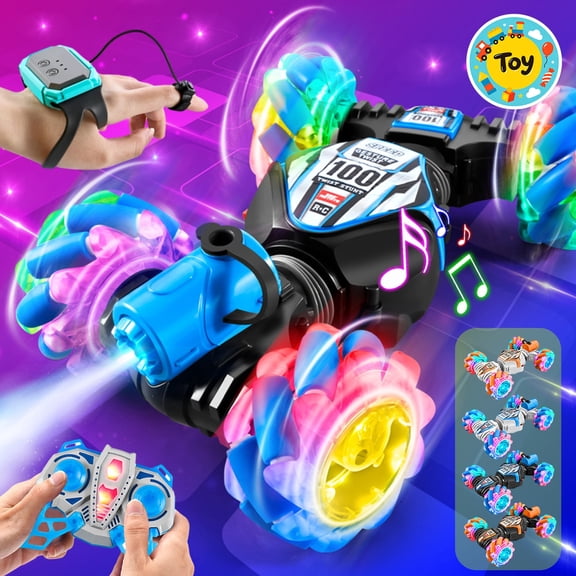 Gesture Remote Controlled Transformable RC Stunt Car, Rechargeable Spray Toy Vehicle with LED Light & Music, Double Sided Drift Off-Road Model, Boys Girls Birthday Gifts, All Terrain Play Automobile