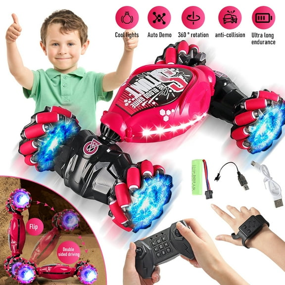 Gesture Sensing RC Stunt Car,2.4GHz 4WD Double Sided 360°Rotating Off Road Vehicle with Lights Music,RC Stunt Car Toys for Boys Girls,Rose Red