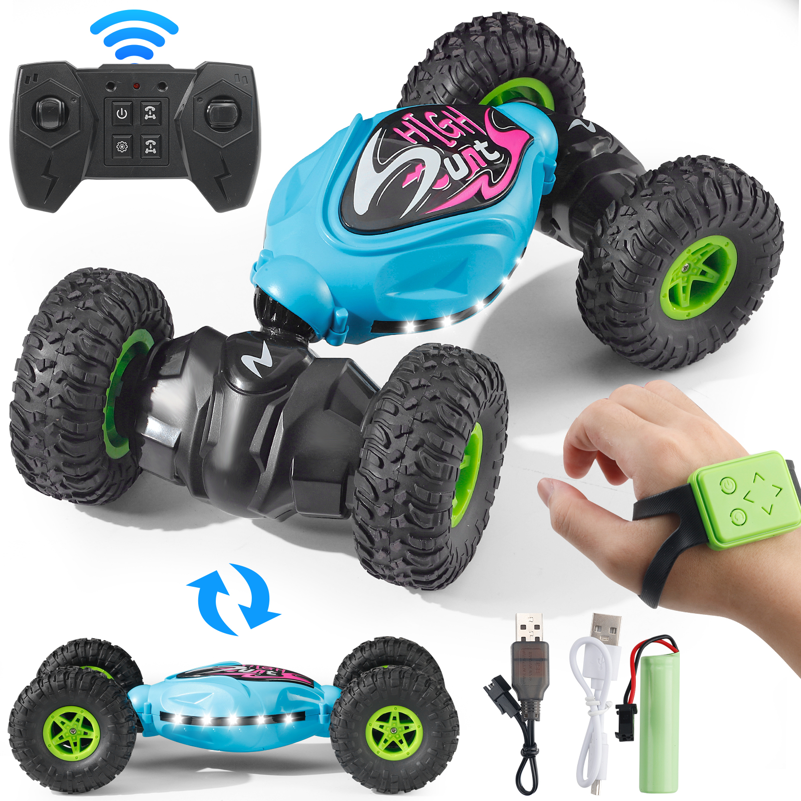 Aiqi RC Stunt Car, 2.4GHz 4WD Gesture Sensing Remote Control Car with Lights Music 360° Rotating