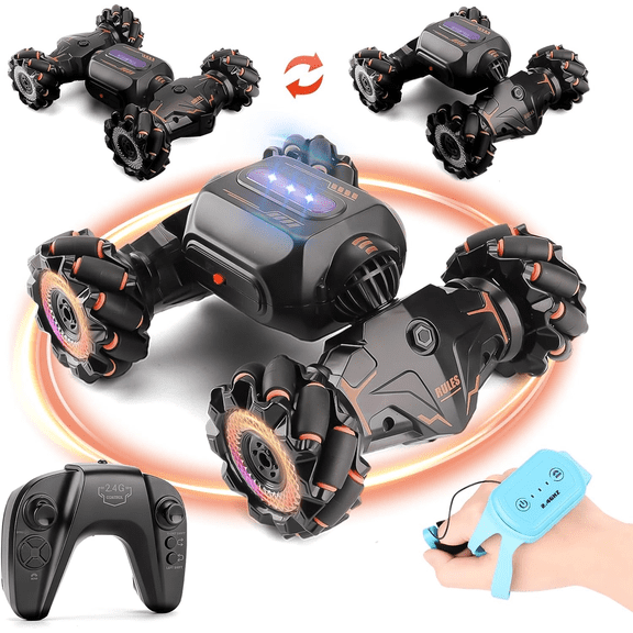 Gesture Sensing Remote Control Stunt Car with Lights and Music, 4WD Reversible Spin Twist Toy Car-Orange