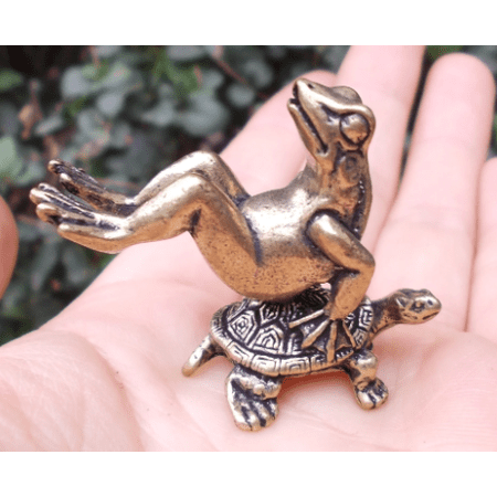 Get 2 pieces Vtgbrasslover Vtg Vintage style brass cute lucky Tortoise backed frog Statues Fortune figure tea pet paperweight mini toys gift