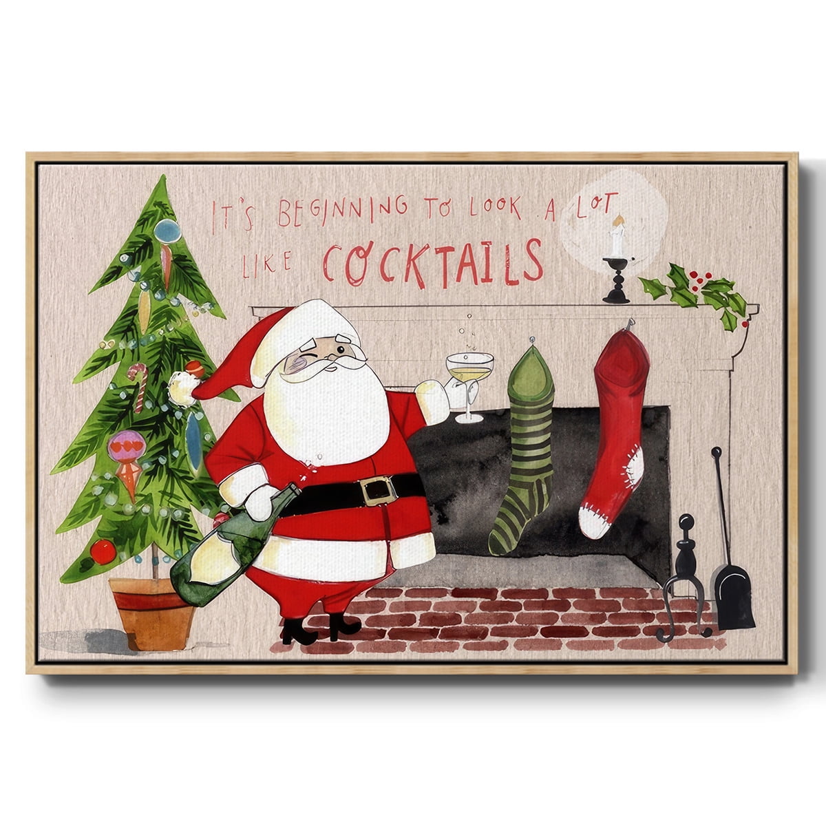 Get Blitzened Collection A - Framed Gallery Wrapped Holiday Canvas - 17 x 25 - Natural Wood Frame
