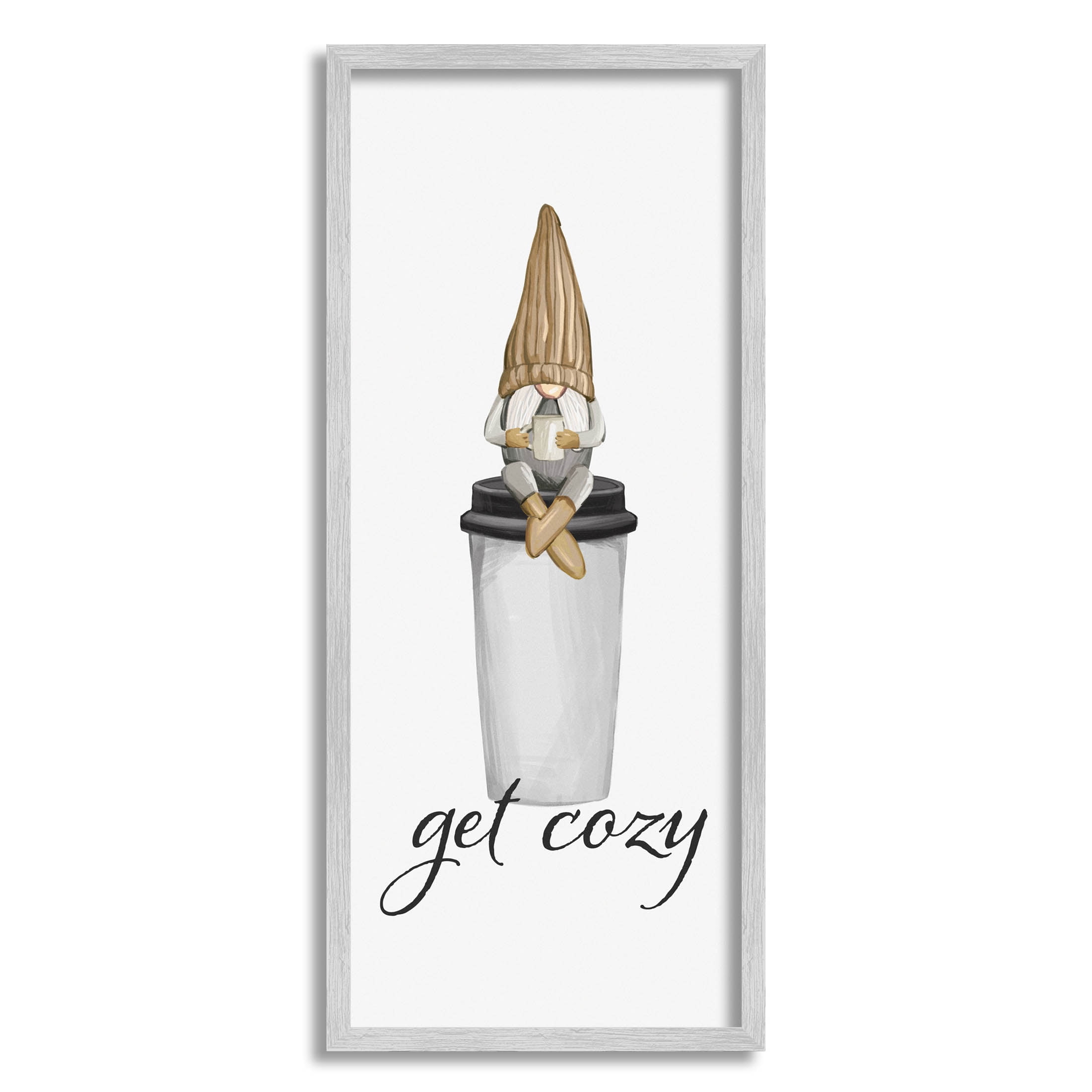 Get Cozy Morning Coffee Gnome Fairy Tales & Fantasy Graphic Art Gray Framed Art Print Wall Art