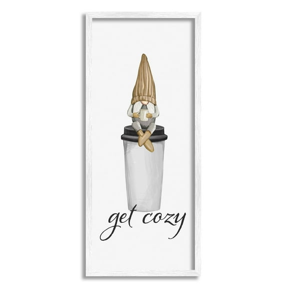 Get Cozy Morning Coffee Gnome Fairy Tales & Fantasy Graphic Art White Framed Art Print Wall Art