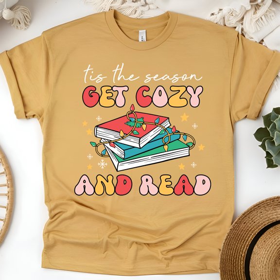 Get Cozy and Read T-Shirt | Holiday Reading Tee | Cute Book Lover Christmas Gift, Gold, Size L