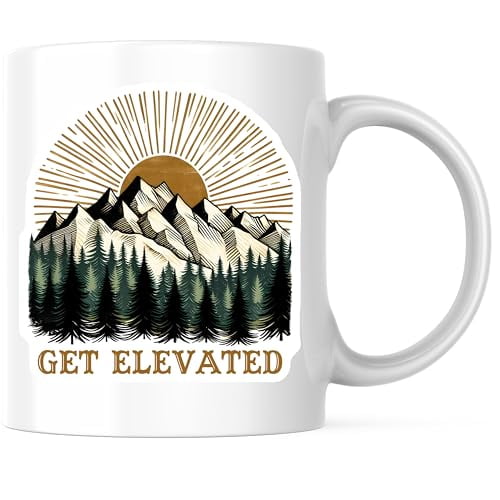 Get Elevated Coffee Mug - Mountain Sun Pine Tree Mug - Inspirational Nature 11 Ounce Coffee Mug - Design Printed On Both Sides - High Quality Ceramic - BMCM3268