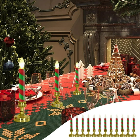 Get Everything to Celebrate Matoen 12Pcs Christmas Taper Primitive Candles Real Wax Hand Dipped Battery Operated Flameless Candles for Christmas Home Decor(w/gold candlestick+rubber tube)