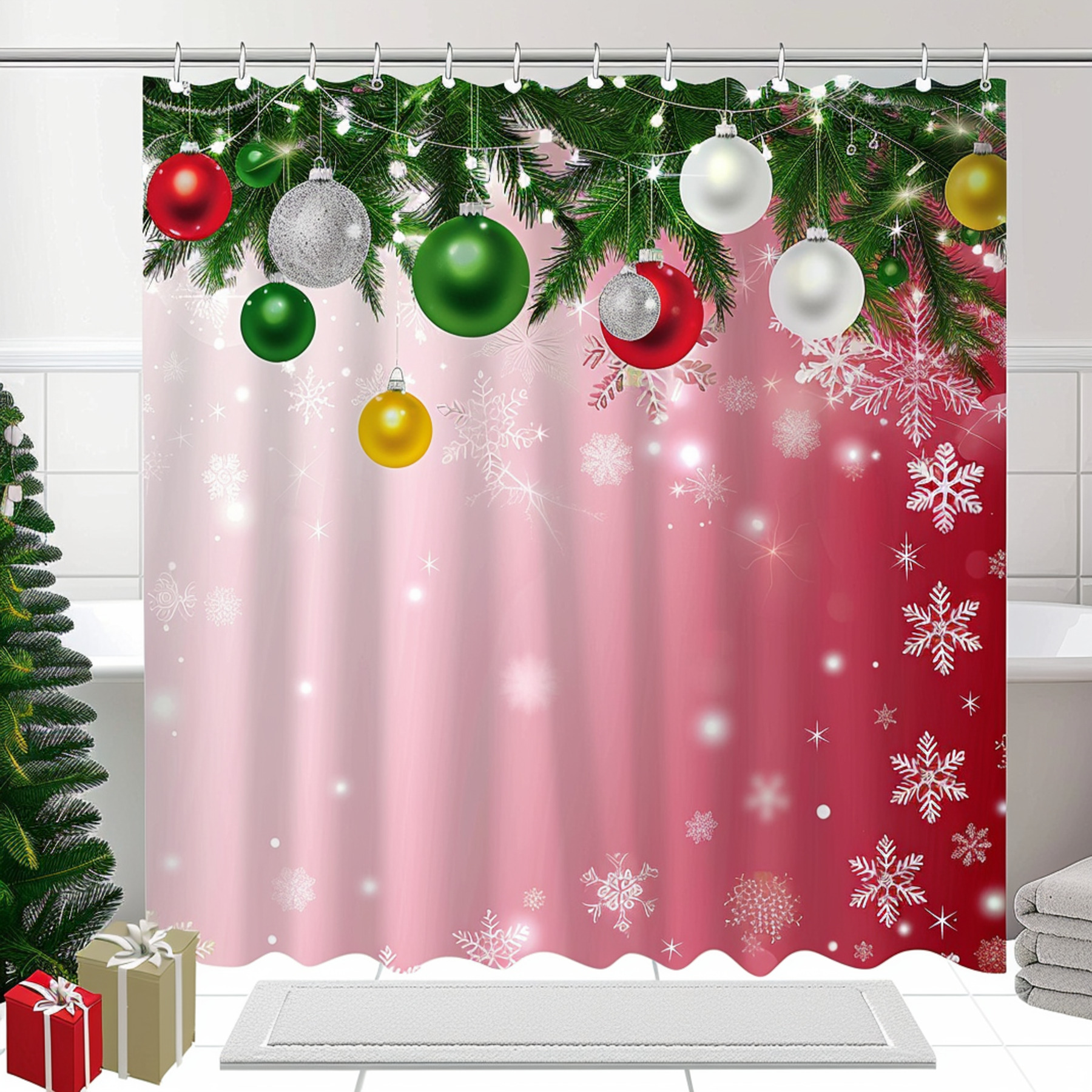 Get Festive with our Unique Christmas Shower Curtain Featuring Christmas Lights Sflakes and