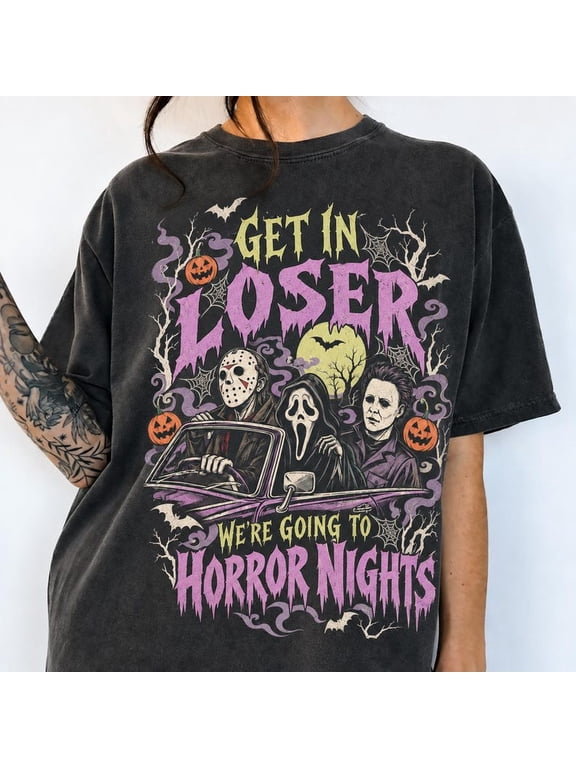 Get In Loser Horror Nights Shirt | Slasher Tee | Michael Myers Jason Ghostface Graphic T-Shirt | Retro Halloween Gift