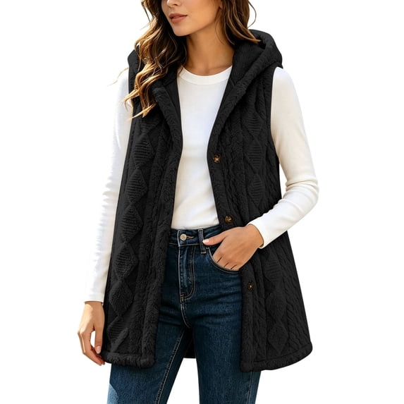 Get It Fast Ladies Lightweight Winter Vest Sleeveless Hooded Jacket Fleece Button up Jacket Solid Color Outerwear with Pockets My Order My Items