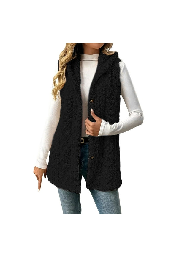 Get It Fast Ladies Lightweight Winter Vest Sleeveless Hooded Jacket Fleece Button up Jacket Solid Color Outerwear with Pockets My Order My Items