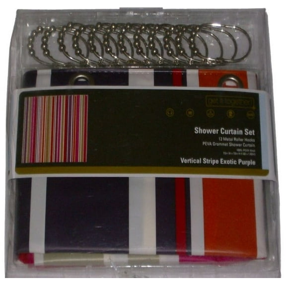 Get It Together Pink Purple Vertical Stripe Vinyl Shower Curtain & Hooks