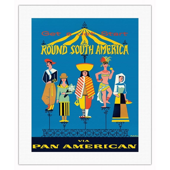 Get a Jet Start Round South America - via - Vintage Airline Travel Poster by P. Jalier c.1957 - Fine Art Rolled Canvas Print 16in x 20in