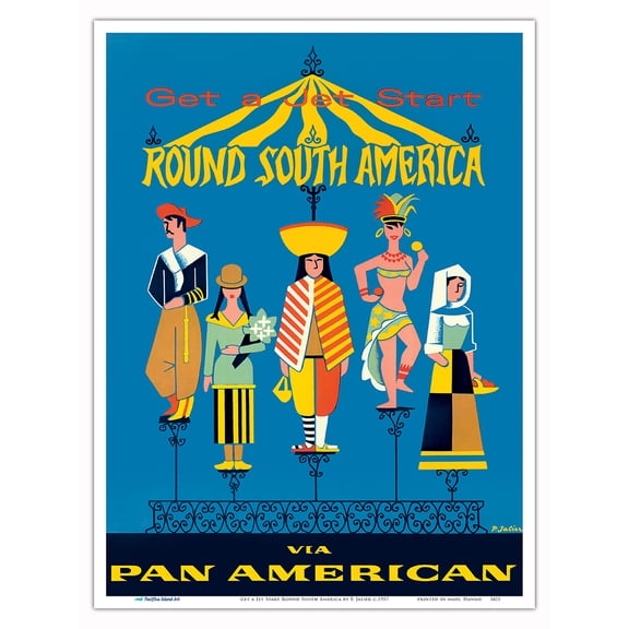 Get a Jet Start Round South America - via - Vintage Airline Travel Poster by P. Jalier c.1957 - Master Art Print (Unframed) 9in x 12in