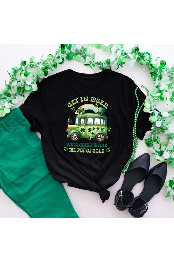 Get In Loser We're Going To Find The Pot Of Gold T-Shirt, St Patrick's Day T-shirt, Groovy Lucky Shamrock Bus Shirt, Four Leaf Clover Tee, Green Month T-Shirt