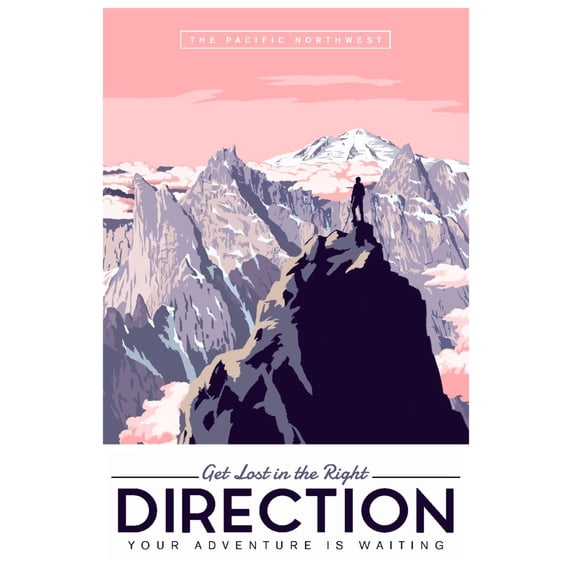 Get Lost in the Right Direction, Pink and Purple, Pacific Northwest (12x18 Wall Art Poster, Room Decor)