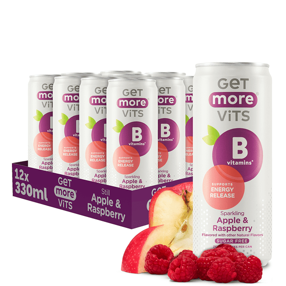 Get More Vits Sparkling Apple & Raspberry  Vitamin B (12-Pack Case)  Energy & Mood Support, Zero Sugar, Sparkling Fruit Drink