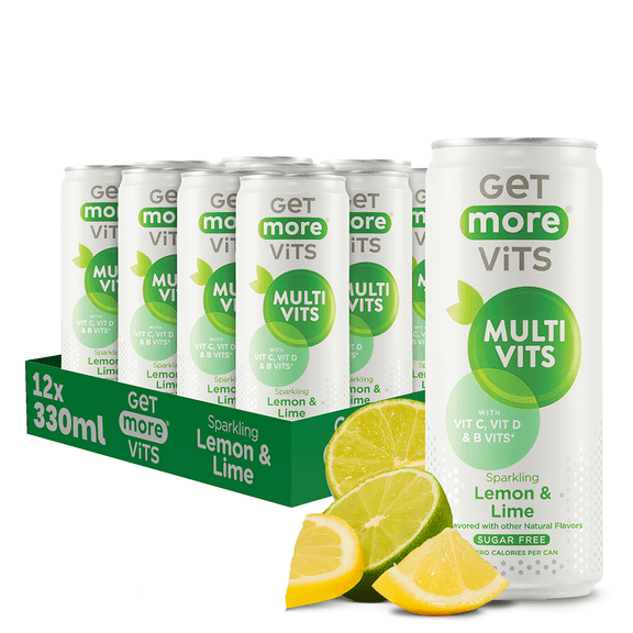 Get More Vits Sparkling Lemon & Lime Multivitamin (12-Pack Case) Essential Vitamins, Zero Sugar, Crisp Citrus Flavor