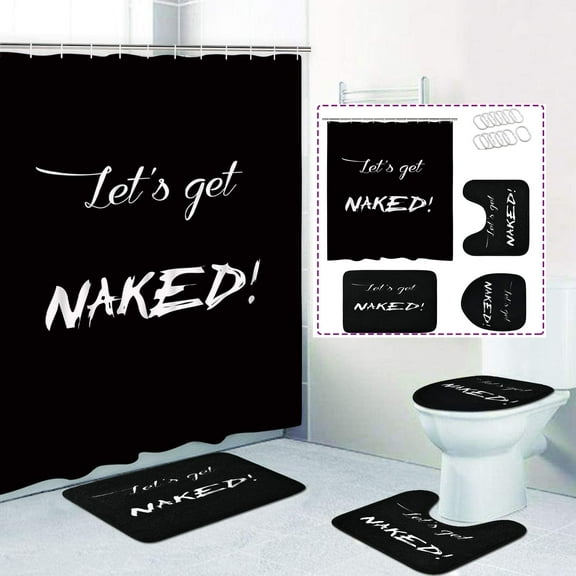 Get Naked Alphabet Shower Curtain set and Rug Sets, 16 Pc Black White Bathroom Sets, Waterproof Fabric Shower Curtain with 12 Hooks and Toilet Rugs