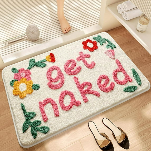 Get Naked Bath Mat, Cute Floral Bathroom Mat Green Leaves Bath Mat, Extra Soft Non Slip Absorbent Bathtub Mat, Machine Washable Fluffy Microfiber Funny Decor Mat for Bedroom Shower 20x31 IN