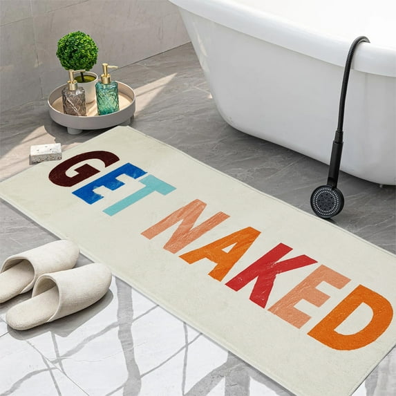 Get Naked Bath Mat, Cute Long Colorful Runner Rug, Absorbent Non Slip Bathroom Mat Multicolor, Funny Bathroom Decor for Bedroom Hallway Kitchen, Soft Plush Washable Shower Rug 16"×48"