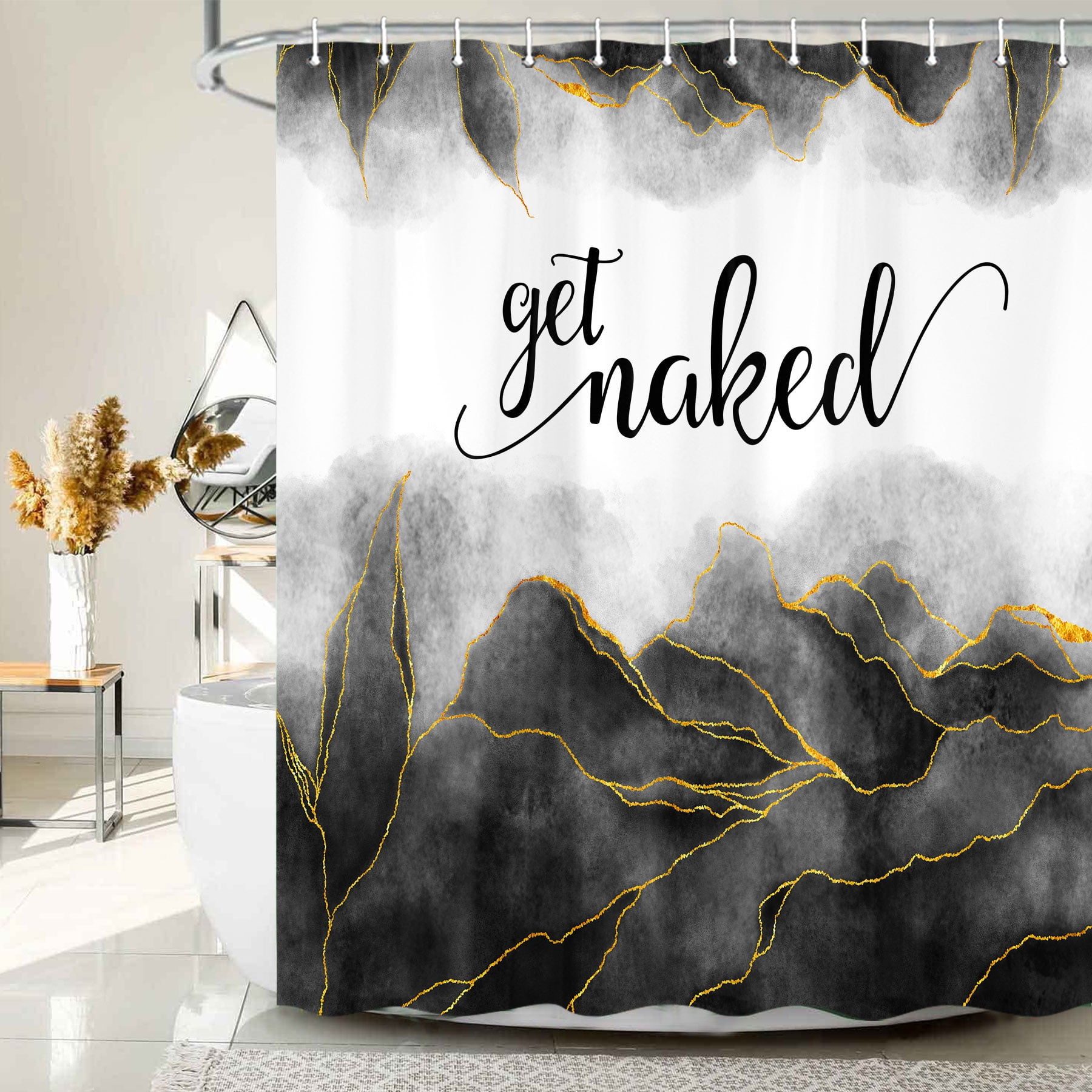 Get Naked Black Shower Curtain, Golden Black Marble Texture Shower Curtain Sets, Abstract Watercolor Modern Bathroom Curtain with Hooks Waterproof Fabric Decor, 70X70IN