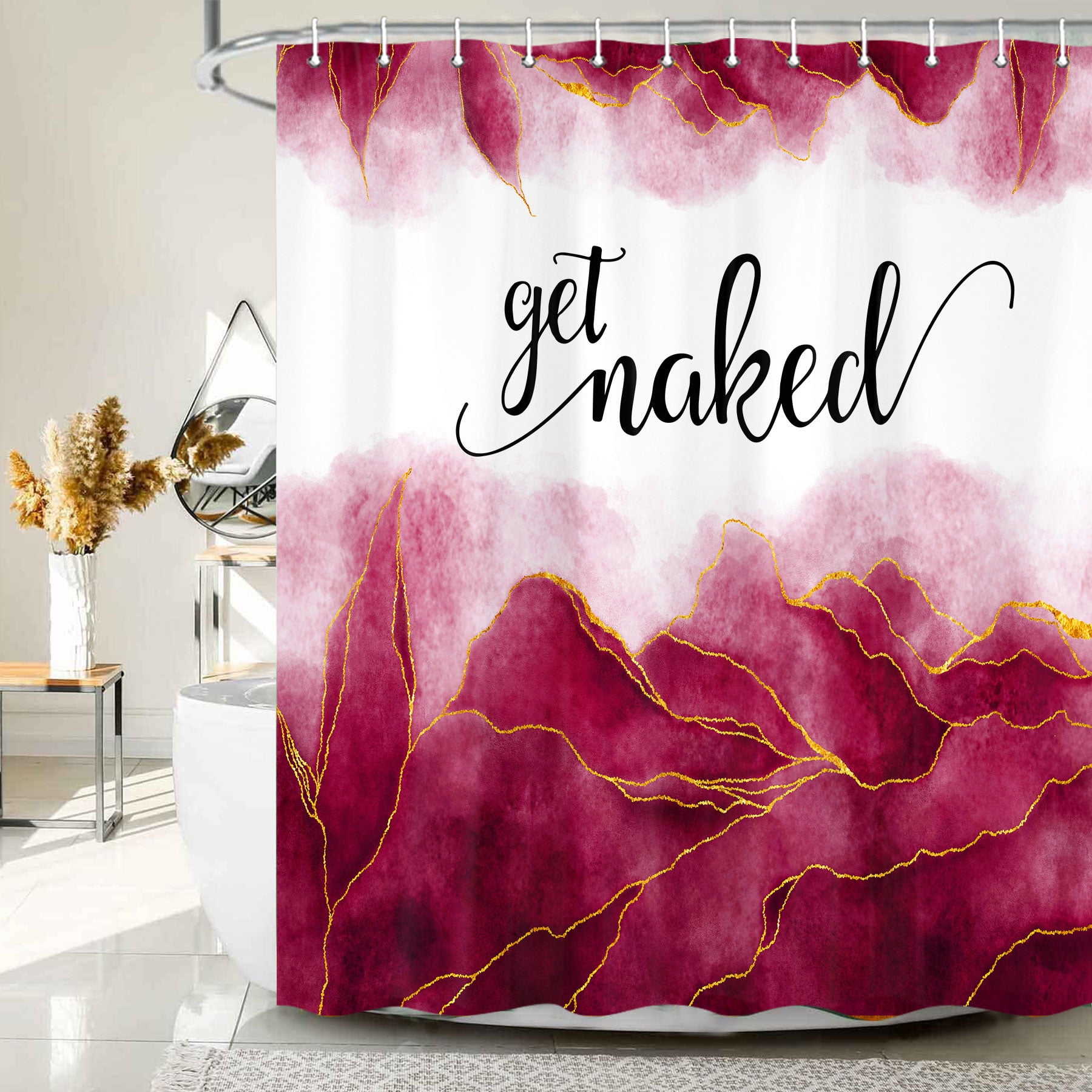 Get Naked Burgundy Shower Curtain, Golden Burgundy Marble Texture Shower Curtain Sets, Abstract Watercolor Modern Bathroom Curtain with Hooks Waterproof Fabric Decor, 70X70IN
