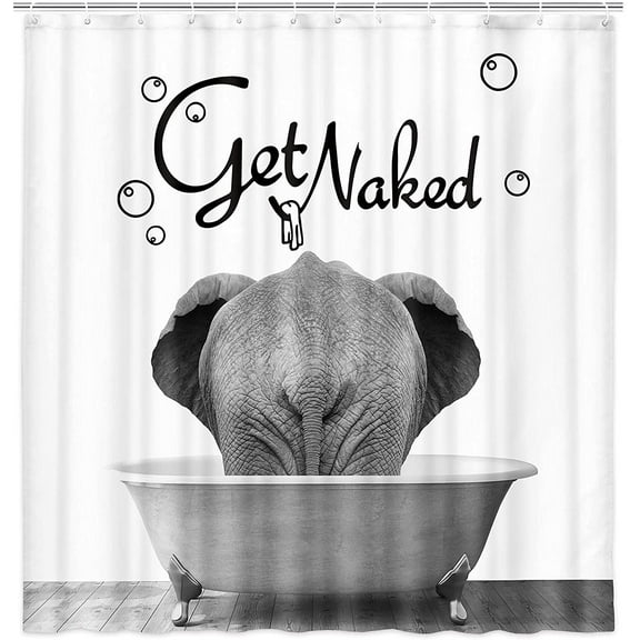 Get Naked Fabric Shower Curtain, Funny Animal Elephant Bathing in The Bathtub Shower Curtain for Bathroom, Cute Bath Curtain with Hooks, 72X72in