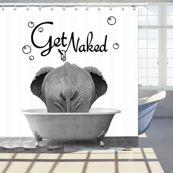 Get Naked Fabric Shower Curtain, Funny Animal Elephant Bathing in The Bathtub Shower Curtain for Bathroom, Cute Bath Curtain with Hooks, 69X75in