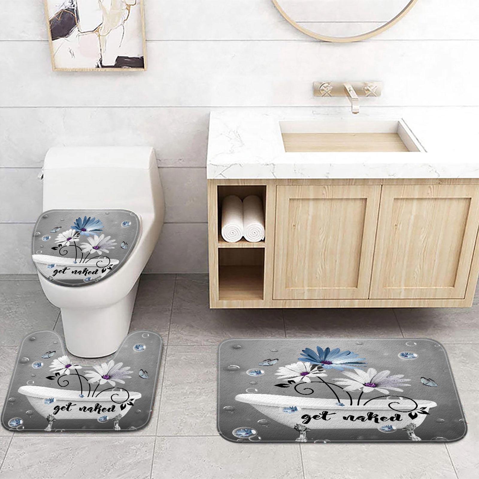 Get Naked Floral Bath Mat Set, Blue White Daisy in Bathtub Gray Bathroom Rug Set, Funny Grey Contour Mat and Toilet Lid Cover Nonslip Home Washroom Decor Durable Polyester Shower Accessories