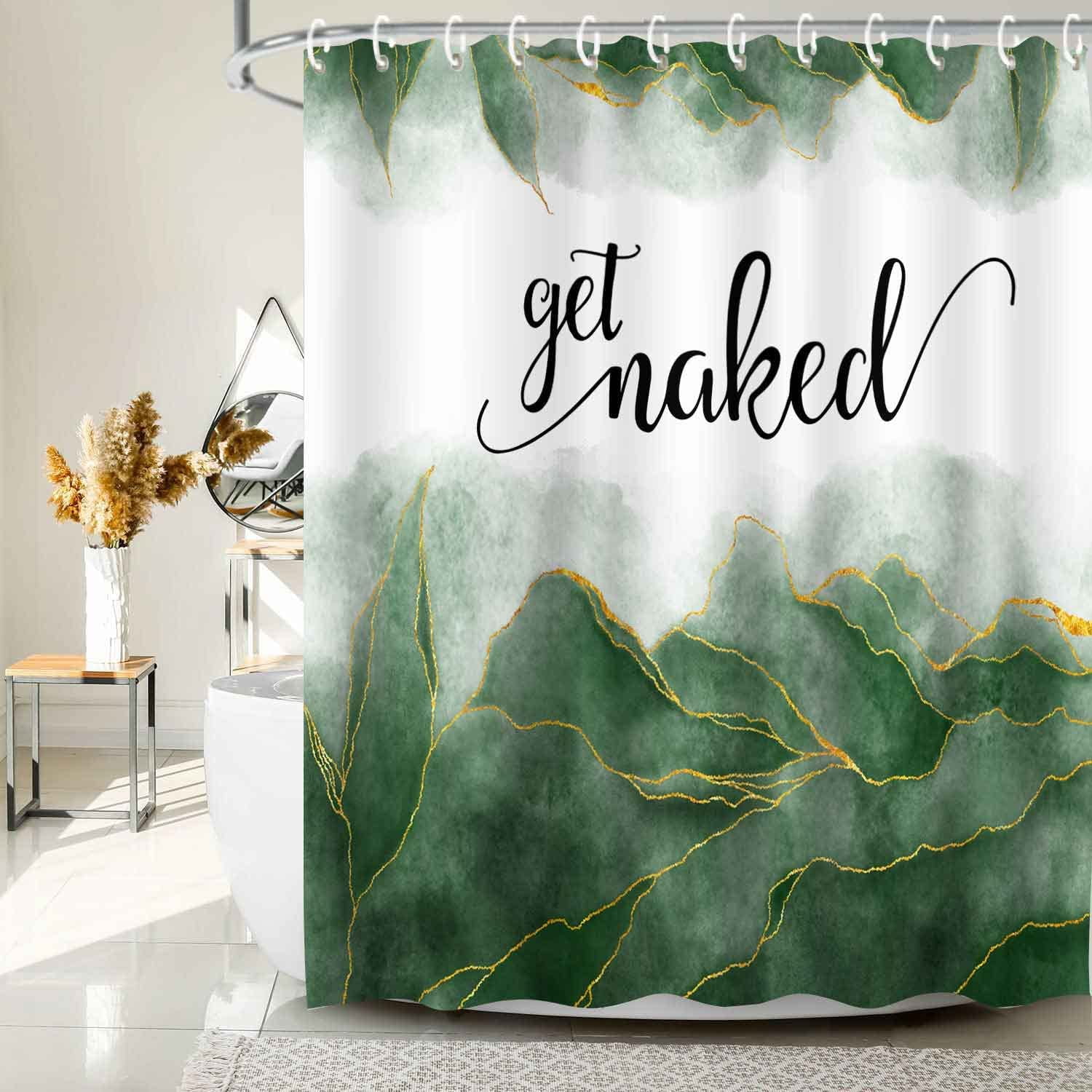 Get Naked Green Shower Curtain, Golden Green Marble Texture Shower Curtain Sets, Abstract Watercolor Modern Bathroom Curtain with Hooks Waterproof Fabric Decor, 48X70IN