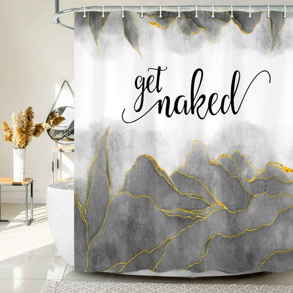 Get Naked Grey Shower Curtain, Golden Grey Marble Texture Shower Curtain Sets, Abstract Watercolor Modern Bathroom Curtain with Hooks Waterproof Fabric Decor, 72X75IN