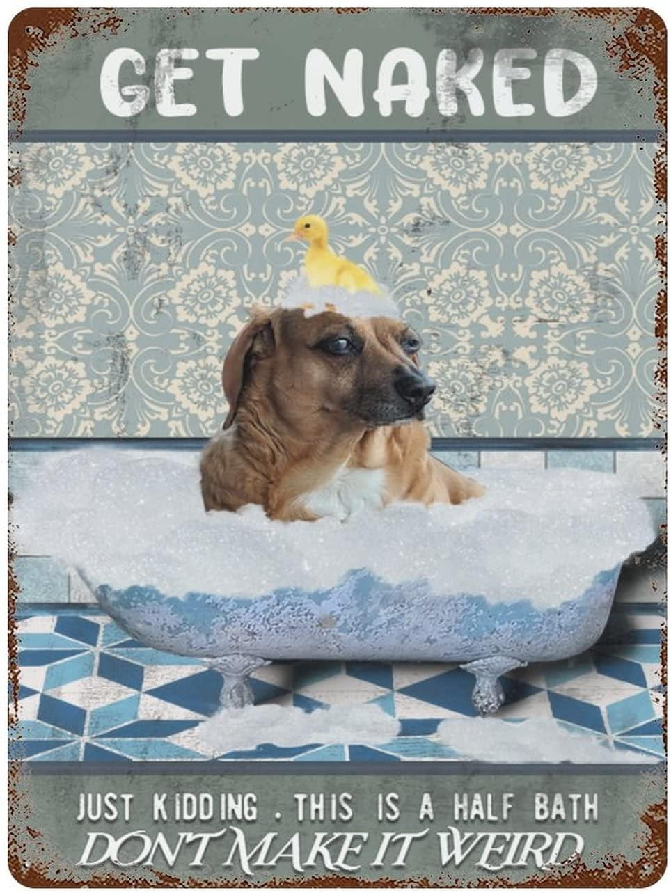 Targa Decorativa In Latta Schnauzer "Get Naked Just Kidding This Is A Half Bath" 20x30 Cm, Arredo Vintage Per Bagno