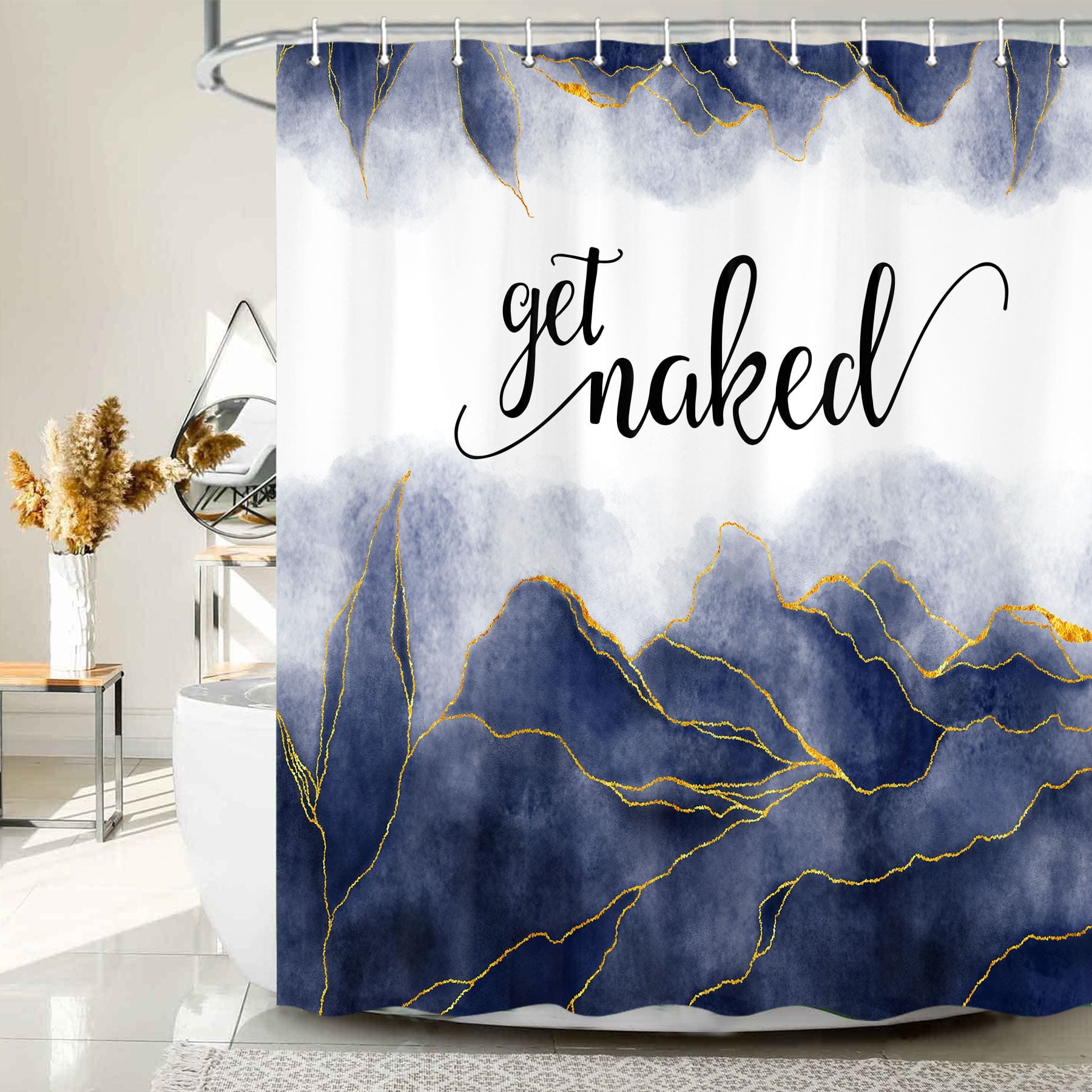 Get Naked Navy Blue Shower Curtain, Golden Navy Blue Marble Texture