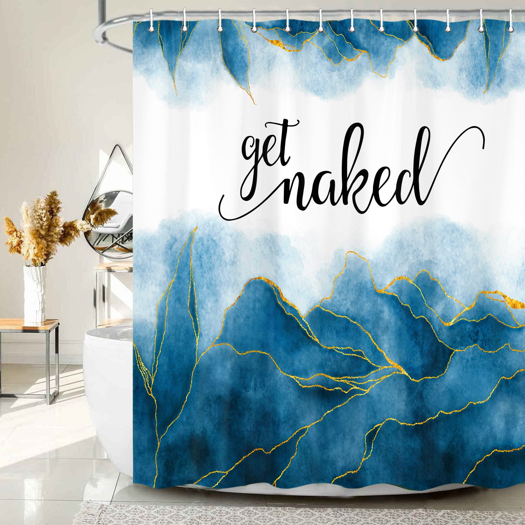 Get Naked Ombre Blue Shower Curtain, Golden Ombre Blue Marble Texture Shower Curtain Sets, Abstract Watercolor Modern Bathroom Curtain with Hooks Waterproof Fabric Decor, 48X70IN