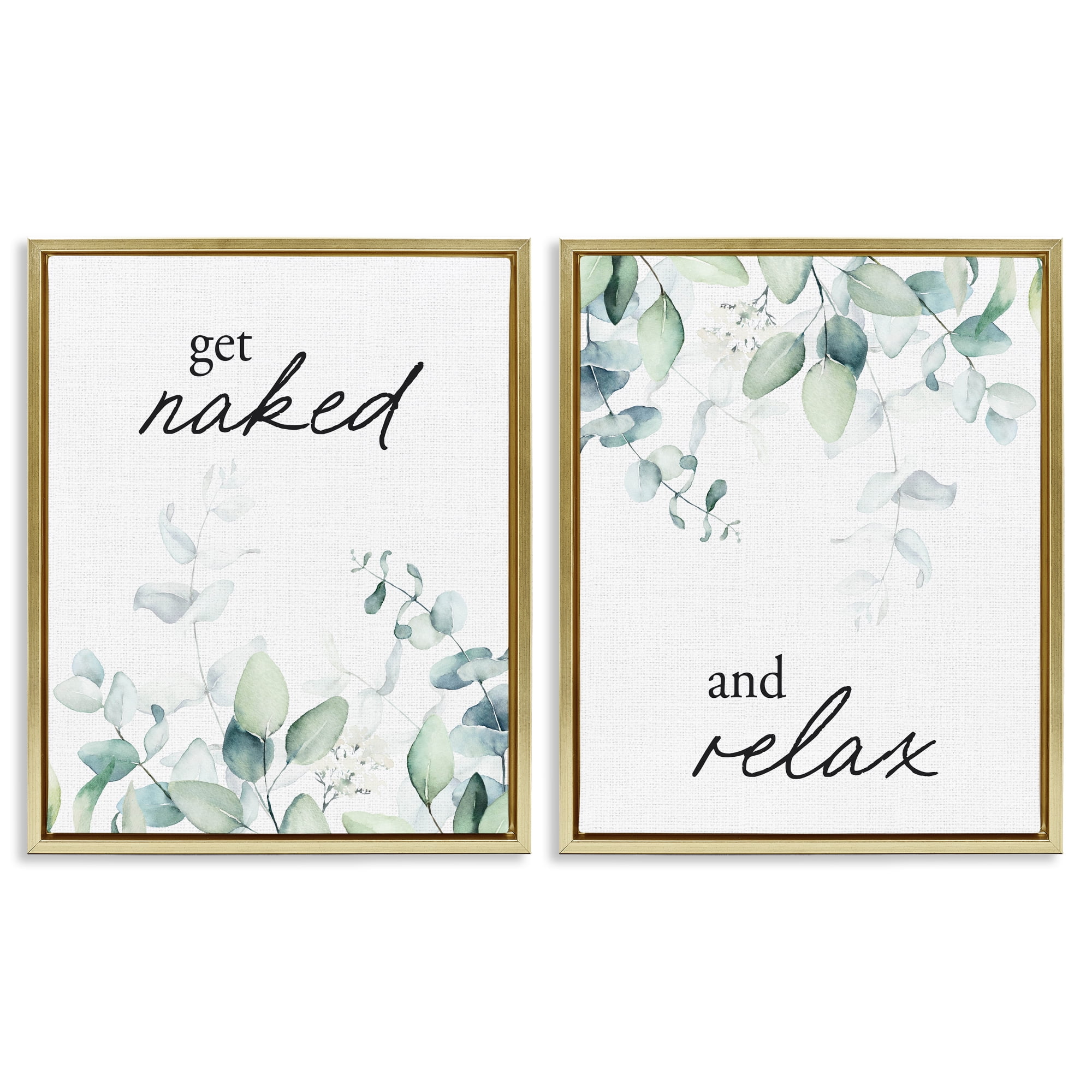 Get Naked & Relax Herbs 2 Piece Gold Framed Floater Canvas Set, design by Lettered and Lined