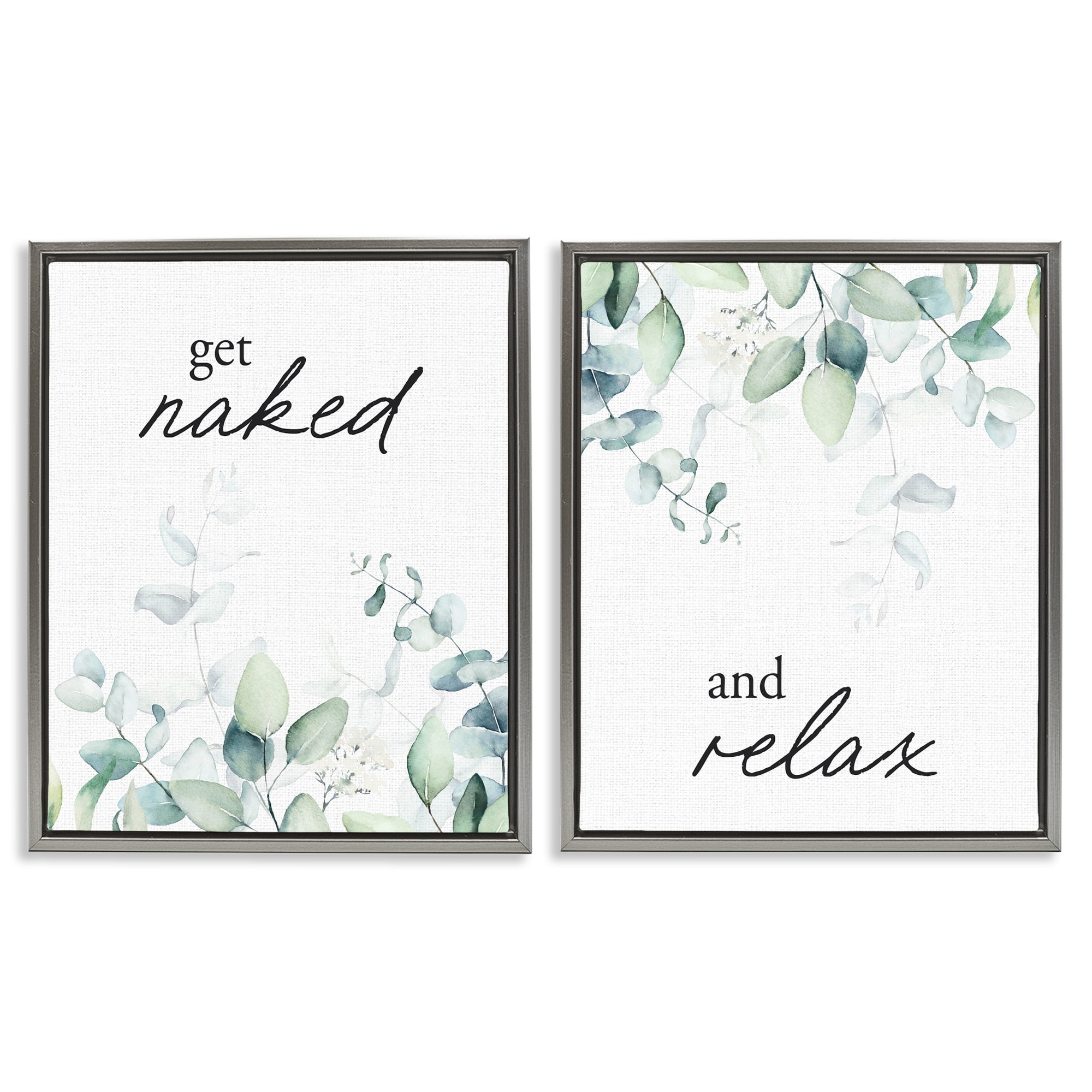 Get Naked & Relax Herbs 2 Piece Gray Framed Floater Canvas Set, design by Lettered and Lined