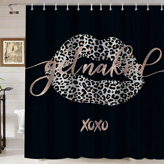 Get Naked Shower Curtain, Rose Gold Glitter Pink Quotes Animal Skin Cheetah Leopard Print Lips Kiss Fashion Glam Modern Bathroom Decor, Waterproof Fabric Black Shower Curtain 72 X 72 Inch