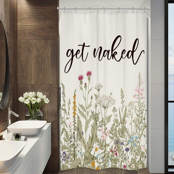 Get Naked Small Stall Wildflower Half Shower Curtain 36Wx72H Inch Farmhouse Flower Botanical Floral Herbs Decor Bathroom Windows Balconies Fabric Polyester Waterproof 7 Pack Plastic Hooks