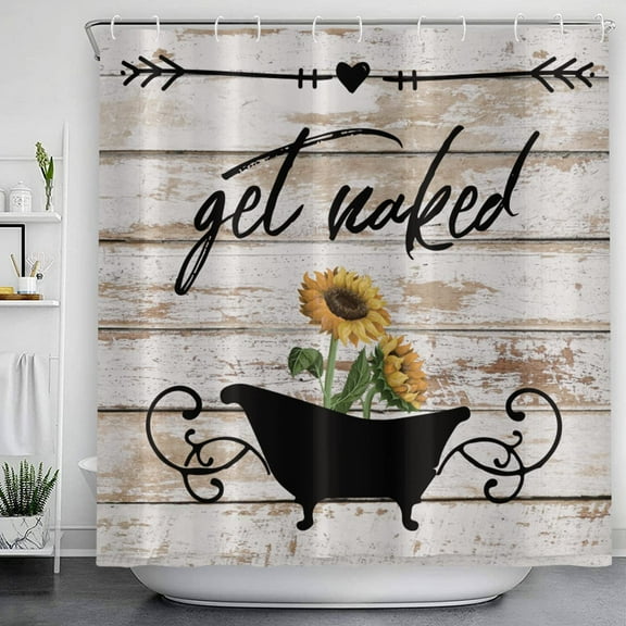 Get Naked Sunflower Shower Curtains, Cartoon Bathtub Floral Barn Wood Farmhouse Shower Curtains for Rustic Bathroom Decor Waterproof Fabric Machine Washable with 12 Hooks