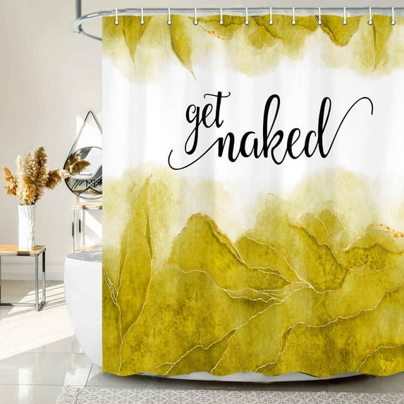 Get Naked Yellow Shower Curtain, Golden Yellow Marble Texture Shower Curtain Sets, Abstract Watercolor Modern Bathroom Curtain with Hooks Waterproof Fabric Decor, 48X70IN