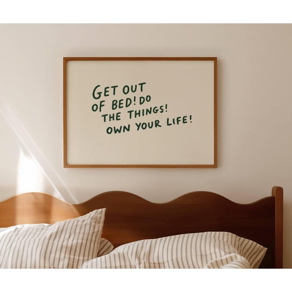 Get Out Of Bed Bed Print Horizontal Above Bed Wall Art Handwritten Mid Century Bedroom Retro Green Motivational Typography
