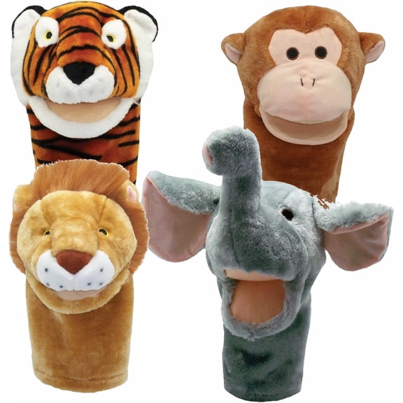 Get Ready Kids BigMouth Zoo Animal Hand Puppet Set - Set of 4, Large 12 Inch, for Toddlers Ages 1+, Includes Lion, Tiger, Elephant and Monkey, Soft Plush for Kids