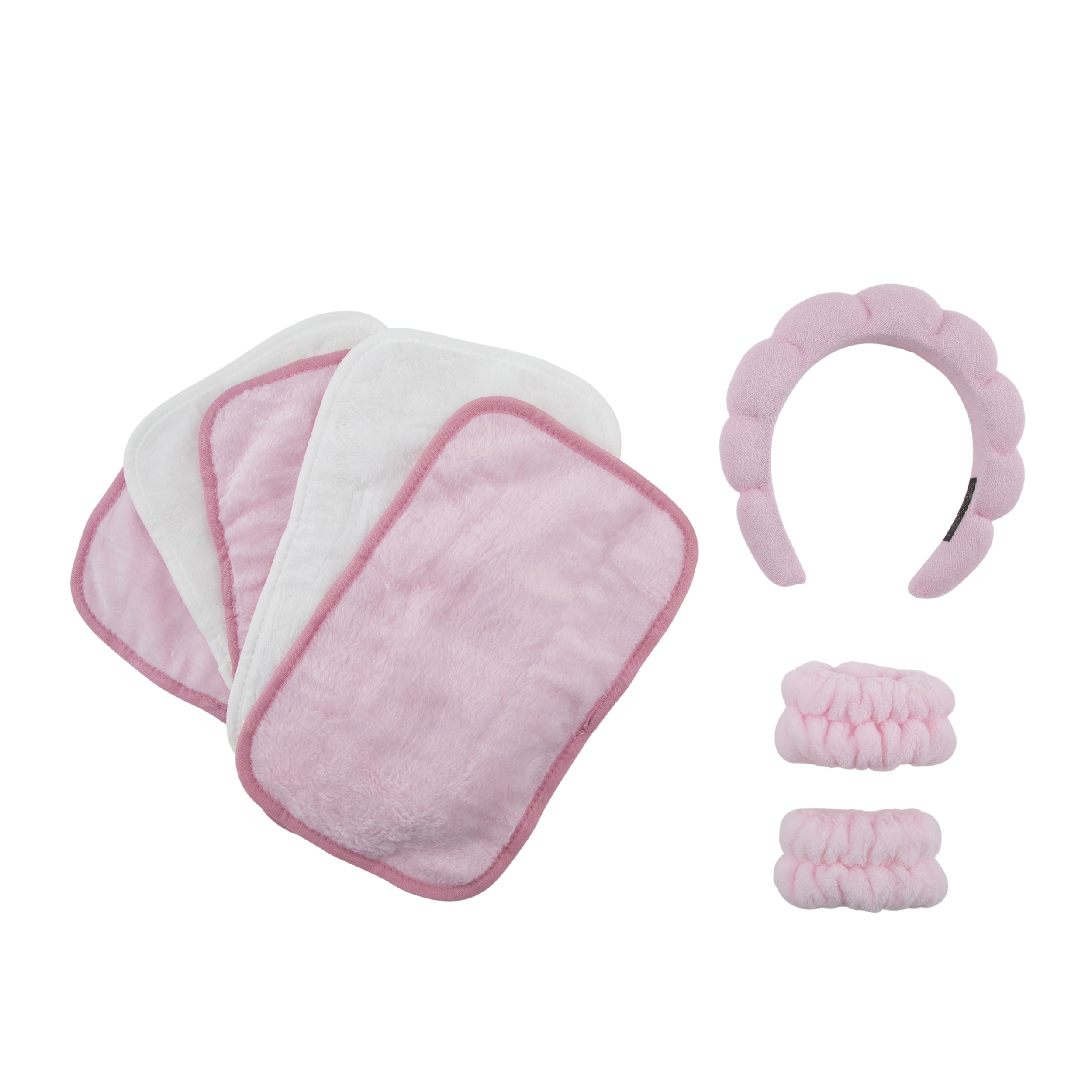 Get Ready with Me 8-Piece Beauty Set, with Spa Headband, Wrist Bands, and 5 Face Cloths, Pink and White. For Makeup Application and Facial Treatments.