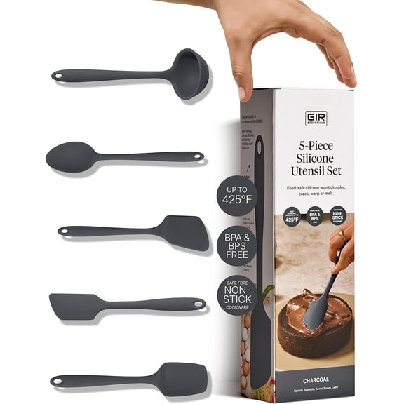 : Get It Right 5 Piece Silicone Essentials Kitchen Utensils Set - Ladle, Spatula, Flip, Spoon & Spoonula - Non-Toxic Cooking Utensils for Nonstick Cookware, Cooking and Baking - Charcoal