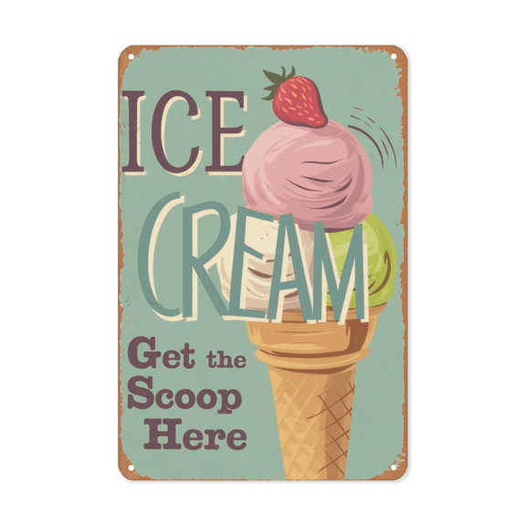 Get Scoop Here Ice Cream metal sign Vintage Cafe Decor Food Sign Perfect Hanging Bakery Booth Stand With Weatherproof Coating Dessert Enthusiast Sweet Tooth Gift Friend Party 8x12 inch metal sign