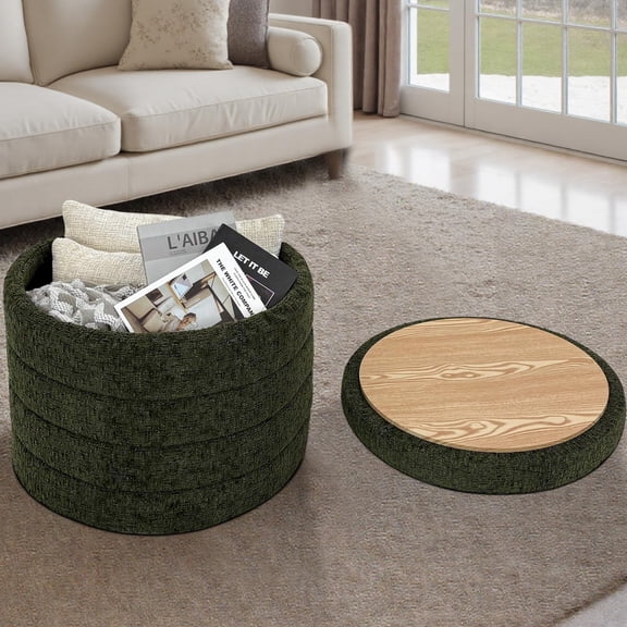 GET SET STYLE FURNITURE Storage Ottoman Lyra Minimalist Green Round Solid Print 1-Count 22.04 Inch