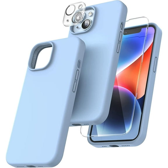 Get Ultimate Protection for iPhone 14 Plus with 5-in-1 Case: Slim Liquid Silicone Design, 2 Screen Protectors, 2 Camera Lens Protectors, and Anti-Scratch/Drop Protection, Sky Blue