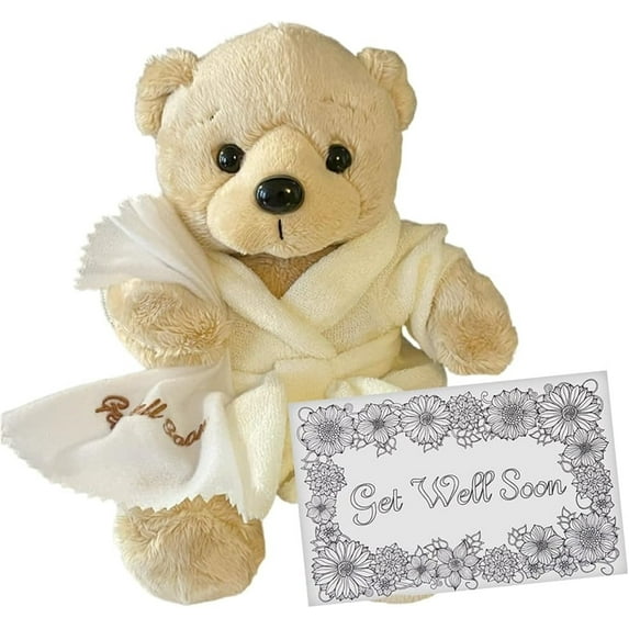 Get Well Soon Teddy Bear in Cream Robe with Get Well Post Card
