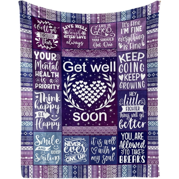 Get Well Blanket for Boys Girls, Cute Get Well Themed Design Printed Purple Throw Blankets for Kids Lap, Chair Sofa, Warm Soft Cozy Blanket, 40"x 50"